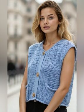 Miss Sparkling Blue Crochet Knit Sweater Vest Gold Button Sleeveless XL Boho